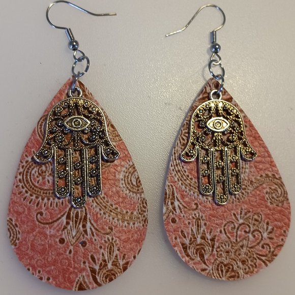 Teardrop earrings leather and metallic eye - Picture 1 of 1